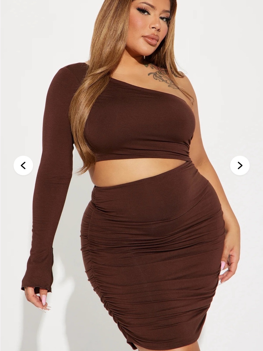 Fashion Nova One-Shoulder Brown Ruched Cutout Dress